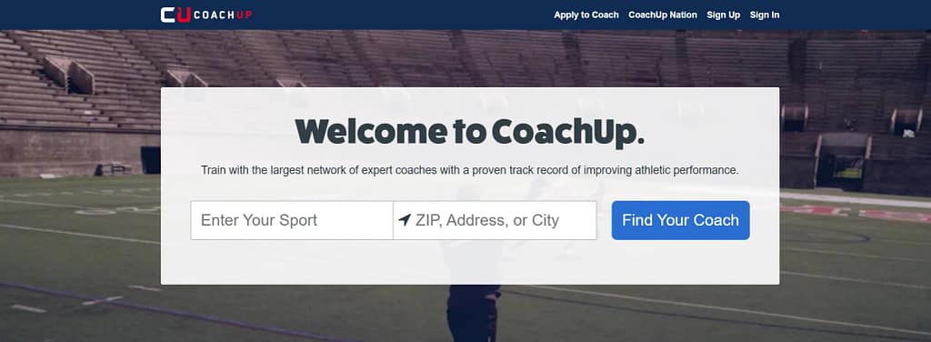 CoachUp Preview of an online service platform connecting users with professional trainers and specialists.