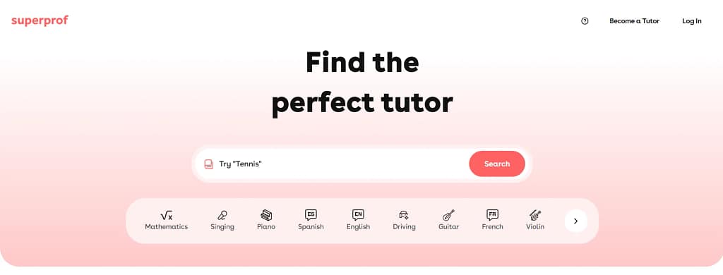Superprof Preview of an online service platform connecting users with professional trainers and specialists.