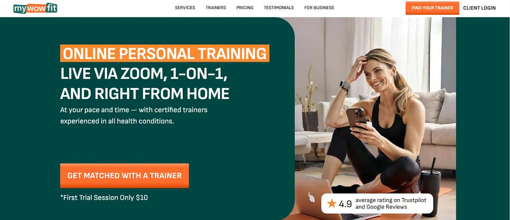 Mywowfit Preview of an online service platform connecting users with professional trainers and specialists.