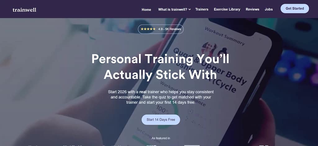Trainwell Preview of an online service platform connecting users with professional trainers and specialists.