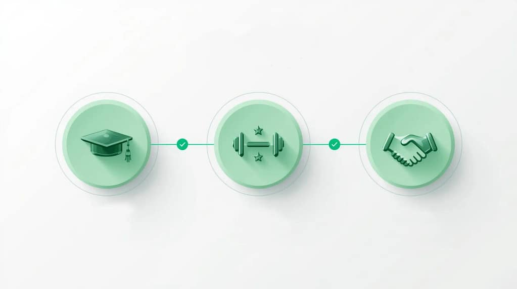 How We Selected the Best Affordable Personal Trainers Icons showing the selection process of affordable personal trainers: certifications, experience, and client trust.