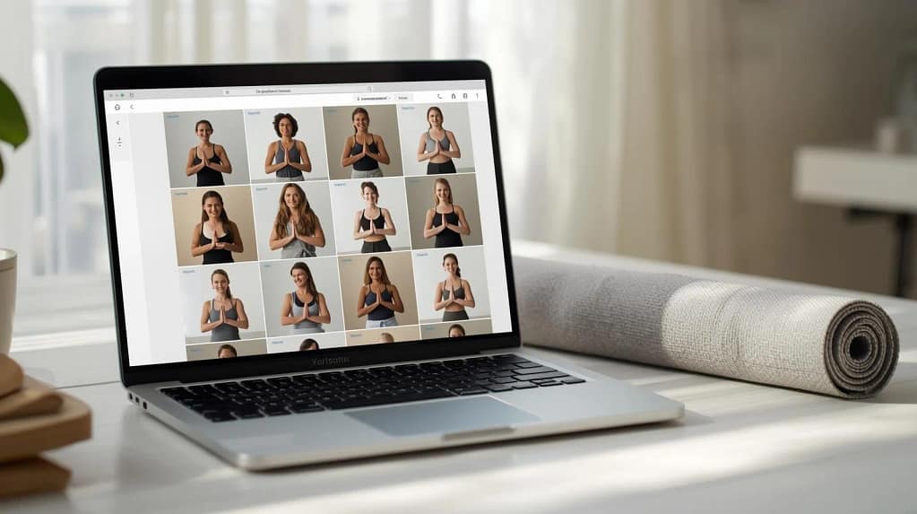 6 Online Yoga Instructors for Beginners A laptop displaying various teachers during an online yoga class for beginners, showing different style options for new students.