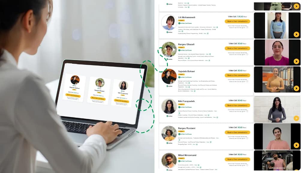 A woman browsing Happy Trainers online personal trainer profiles on her laptop to compare coaches and book a free consultation.