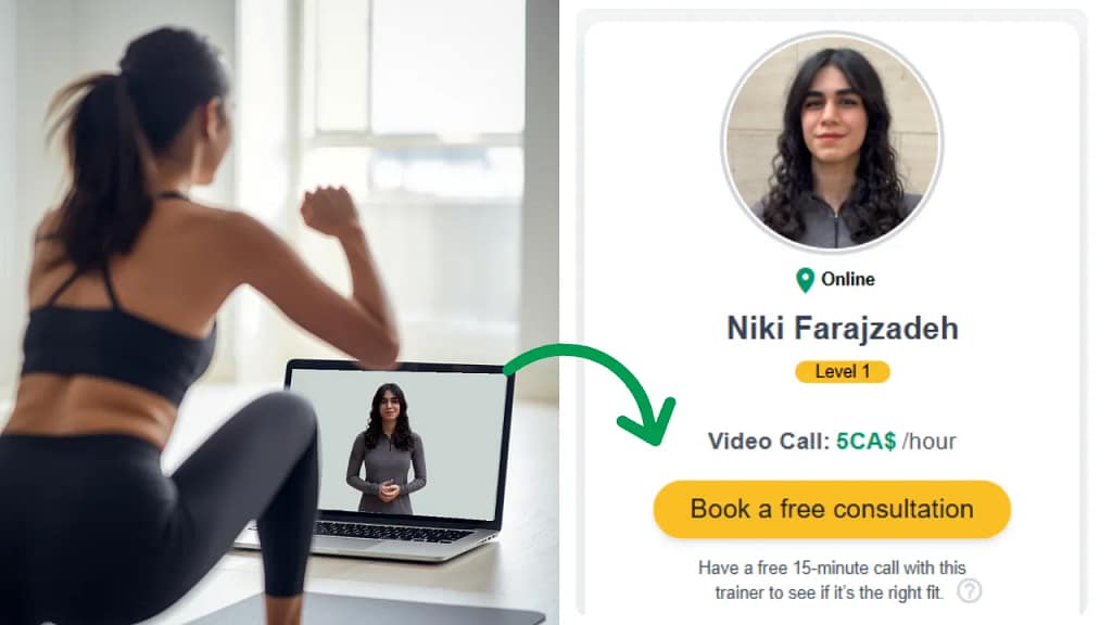 A woman training online with a personal trainer on her laptop while viewing the trainer’s profile and booking a free consultation on Happy Trainers.