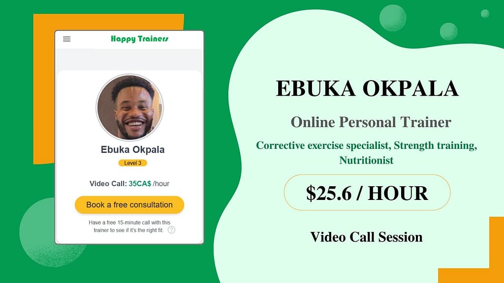 A presentation slide showing Ebuka Okpala's online personal trainer profile, including his photo, specialties, and session rates.