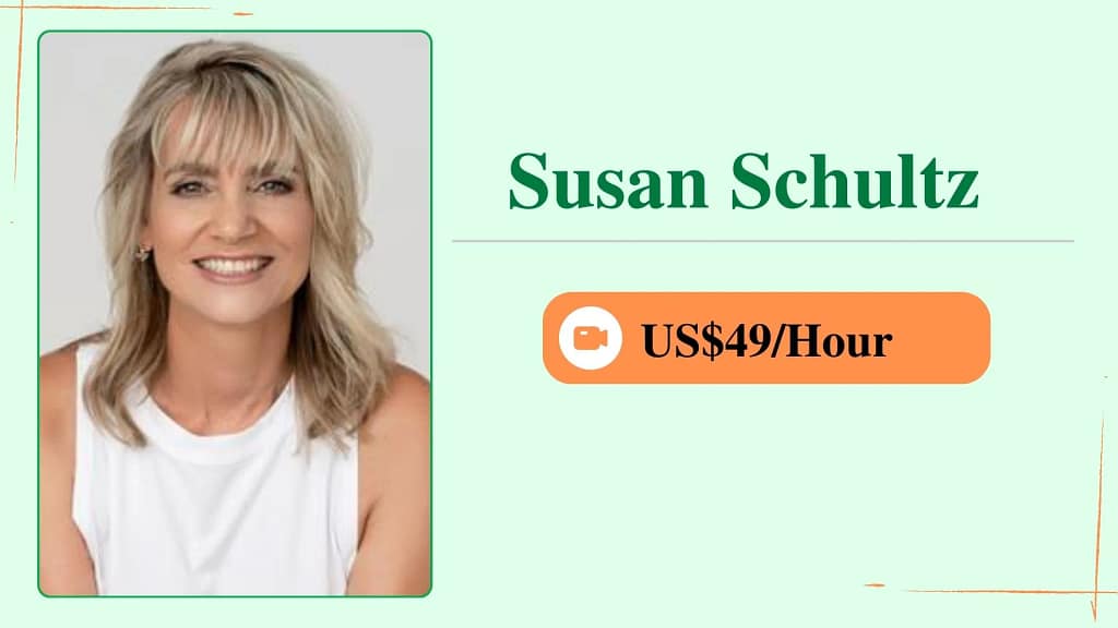 Susan Schultz, an online personal trainer, shown in a profile card with her photo and an hourly rate of $49.