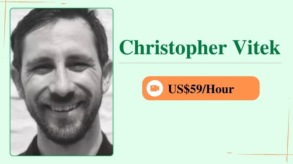Christopher Vitek, an online personal trainer, shown in a profile card with her photo and an hourly rate of $59.