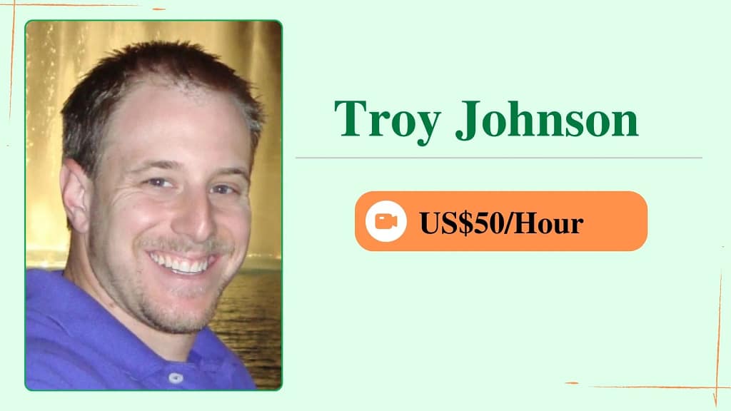 Troy Johnson, an online personal trainer, shown in a profile card with her photo and an hourly rate of $