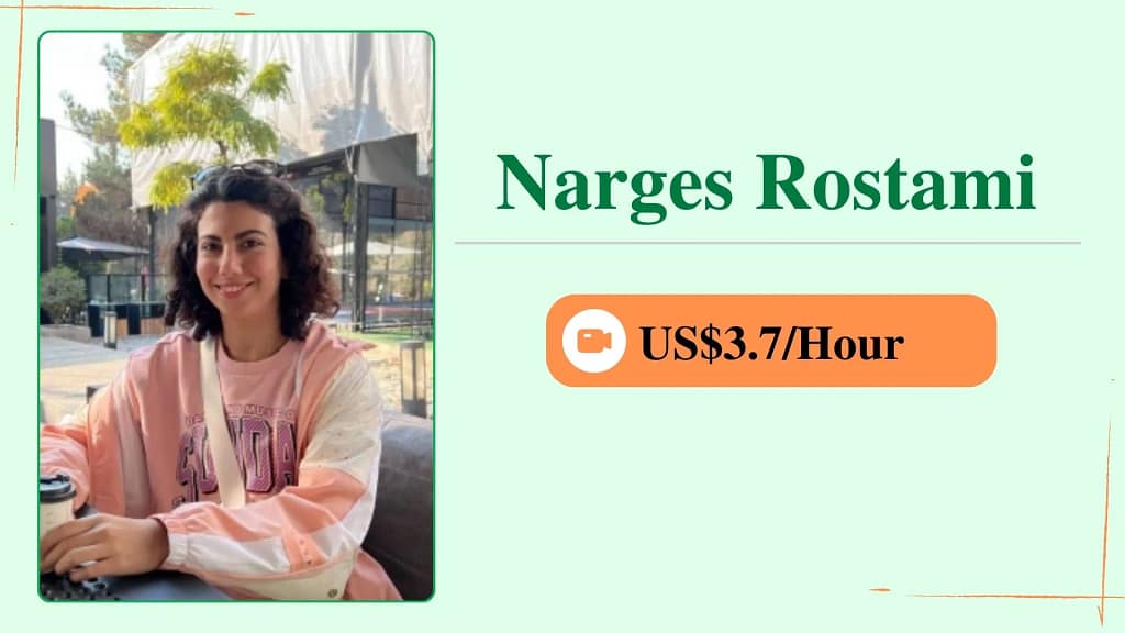 Narges Rostami, an online personal trainer, shown in a profile card with her photo and an hourly rate of $3.7.