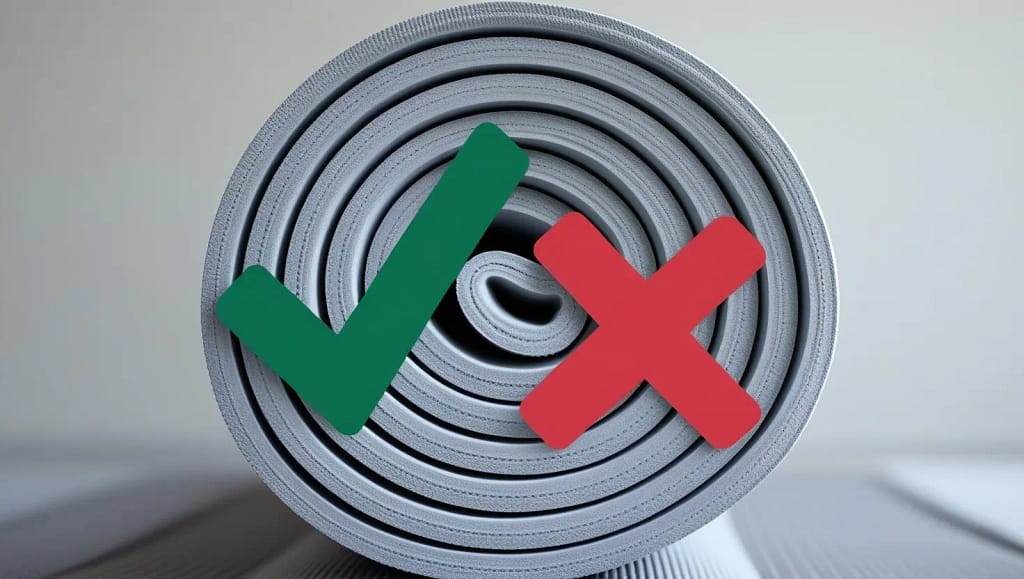 Close-up of a rolled yoga mat with a green check mark and a red cross symbol on it.