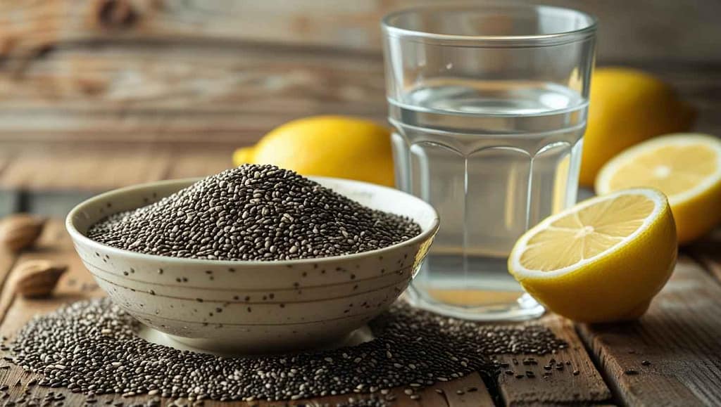Chia Seeds A bowl of Chia seeds next to a glass of water and fresh lemons on a rustic wooden table.