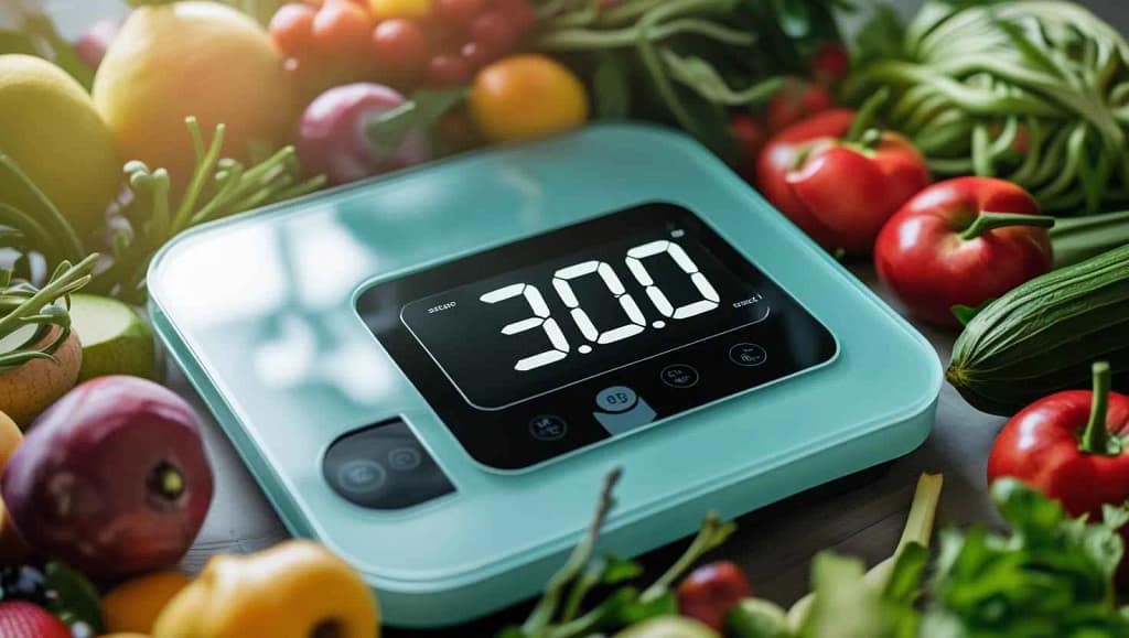 Digital kitchen scale displaying 30.0 surrounded by fresh vegetables and fruits, symbolizing healthy eating and portion control.