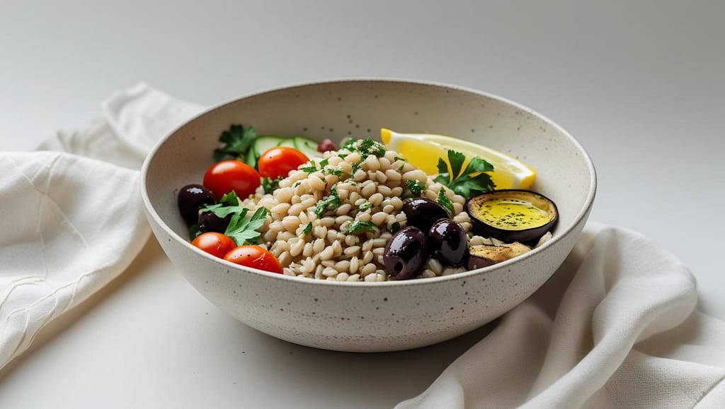 Barley Bowl of cooked barley served with cherry tomatoes, olives, lemon, and fresh herbs, showcasing its modern health benefits.