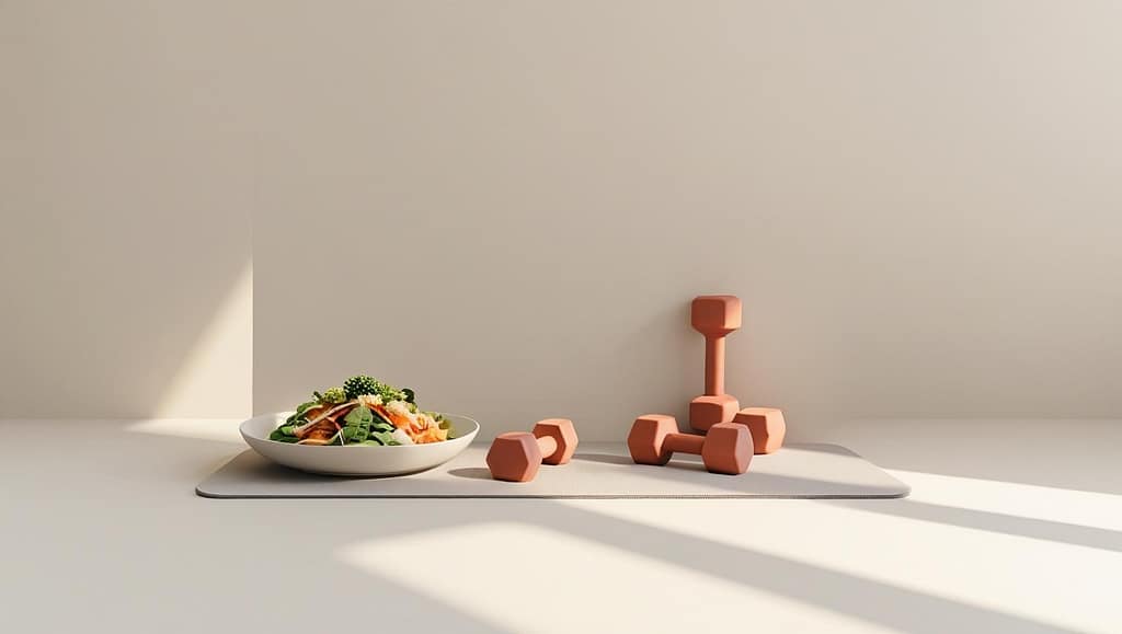 Food and Fitness Combined Fresh vegetable salad and dumbbells symbolize the combination of healthy eating and fitness for belly fat loss.