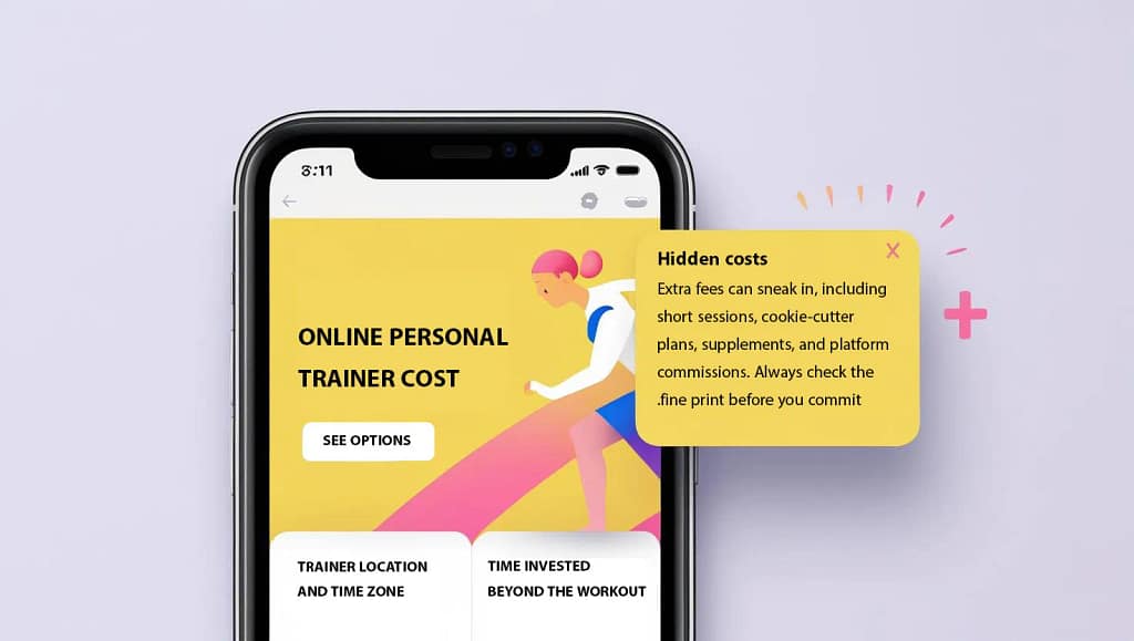 Hidden costs in online personal trainer costs, showing how extra fees like short sessions, supplements, and platform commissions can raise the real price.