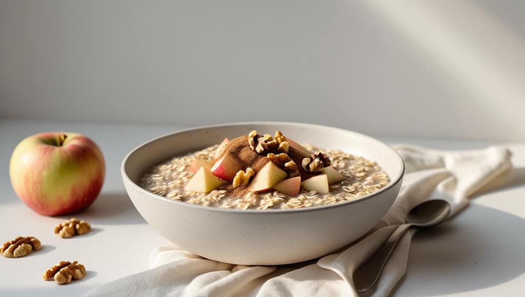 Oats Bowl of oatmeal topped with fresh apple slices, walnuts, and cinnamon, highlighting oats as a soluble fiber hero.