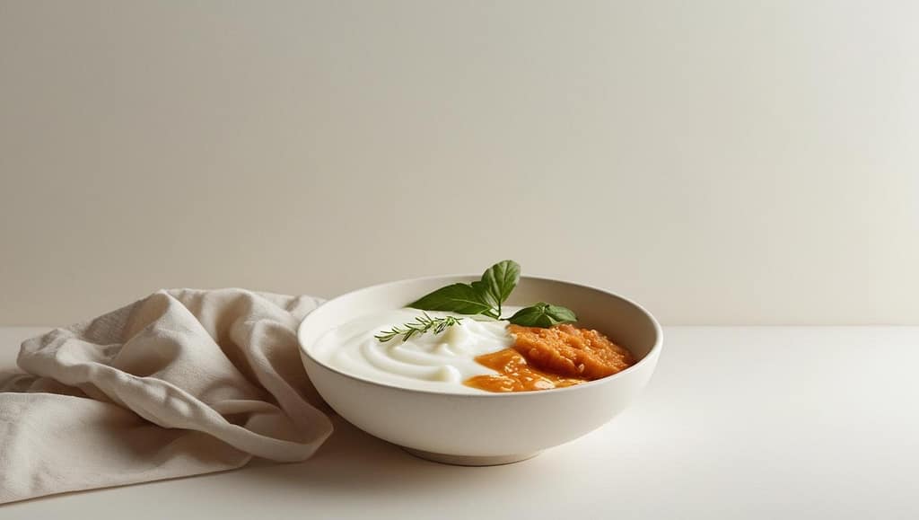 Probiotic Yogurt Bowl of probiotic yogurt topped with fermented vegetables and fresh herbs for gut health benefits.