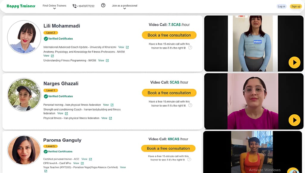 happy trainers Preview of an online service platform connecting users with professional trainers and specialists.