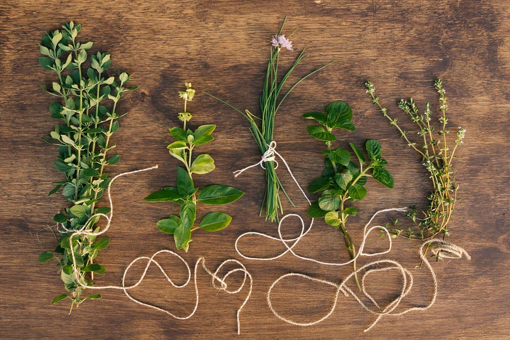 Five fresh herb bundles tied with twine on a rustic wooden table, showcasing common Marjoram Substitutes.
