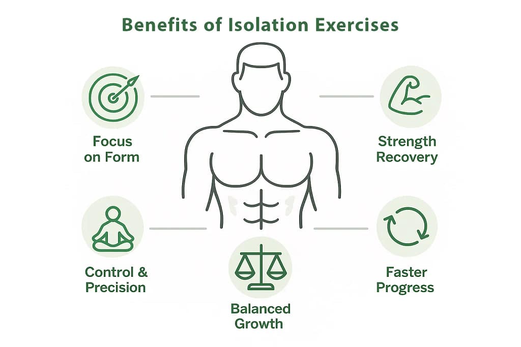 ChatGPT Image Oct 5, 2025, 12_16_01 PM_12_11zon Infographic showing five key benefits of isolation exercises: focus on form, strength recovery, balanced growth, control and precision, and faster progress.