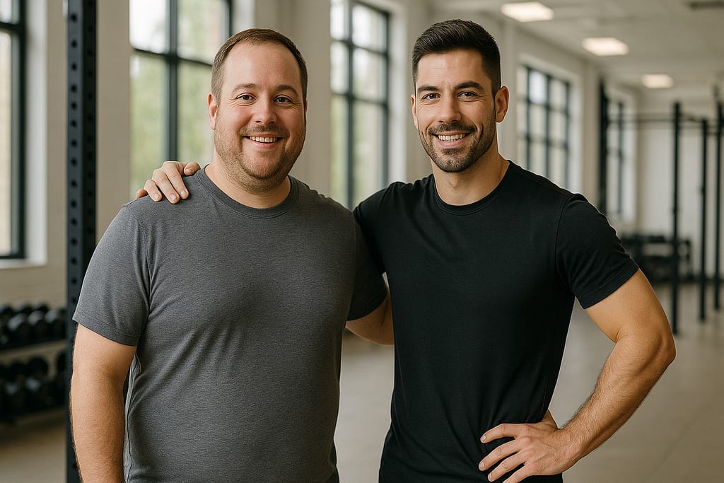 Personal trainer to lose weight, celebrating success with the client after the workout.