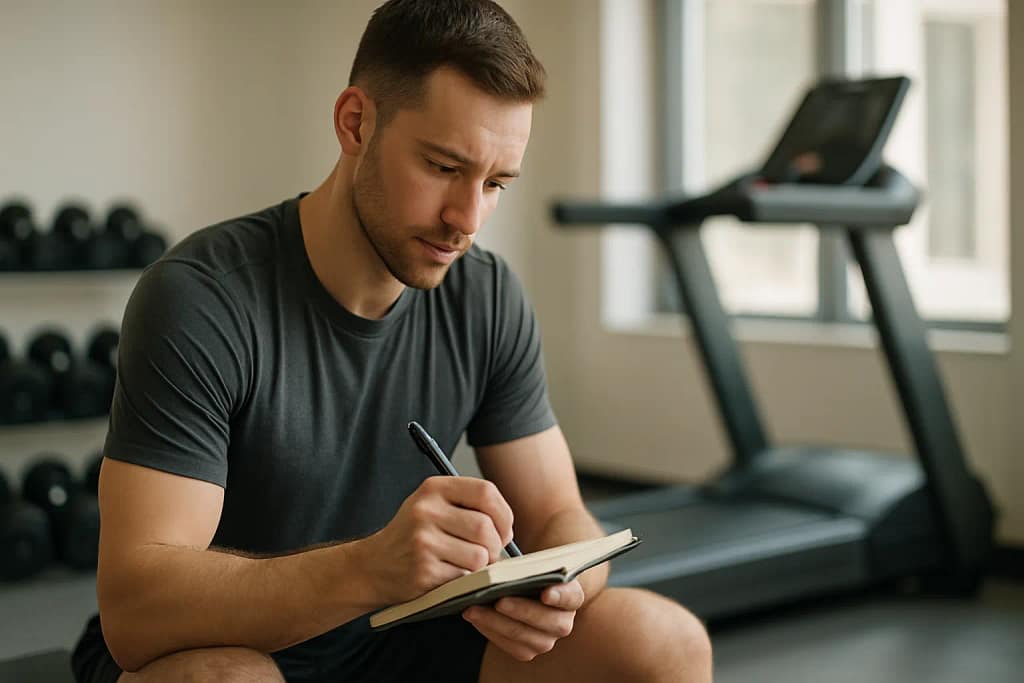 Man writing down fitness goals in a gym, defining objectives to find a personal trainer.