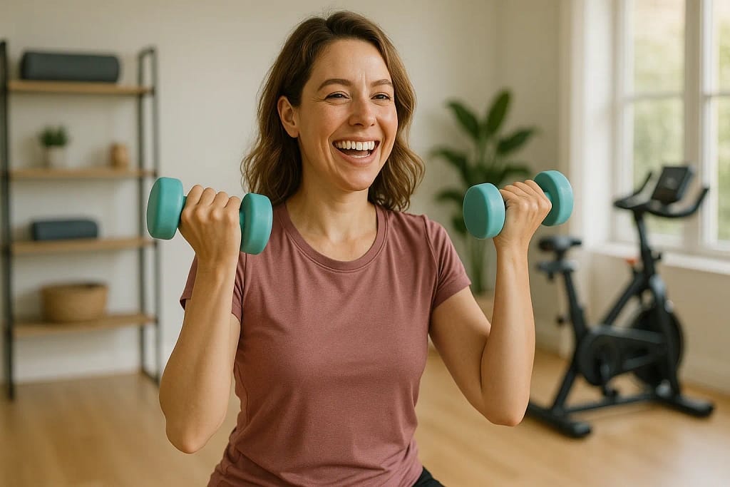 miling woman lifting dumbbells at home, staying motivated with personal training preferences.