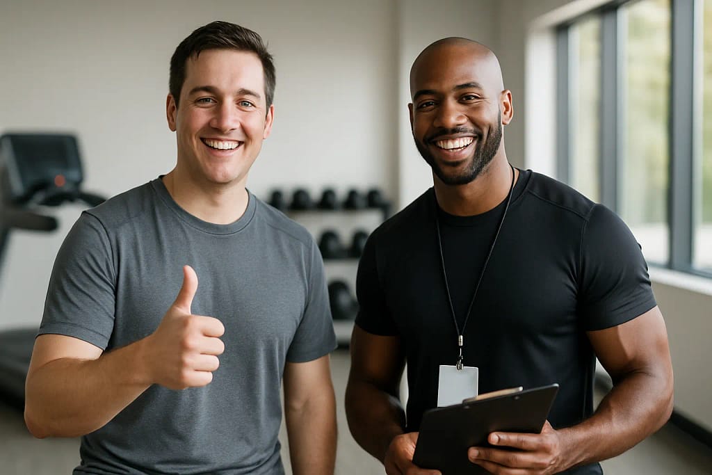 Happy client with personal trainer at the gym, showing success after finding a personal trainer.