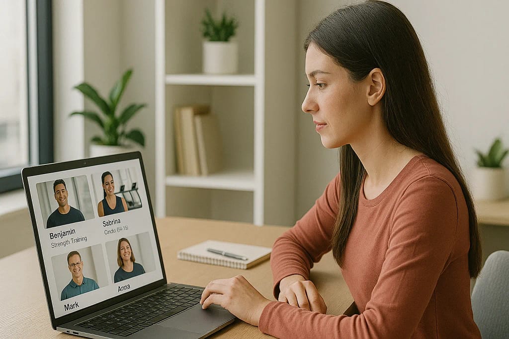 Woman researching potential personal trainers online, comparing profiles to find a personal trainer who fits her goals.