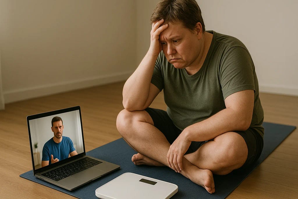 A man feeling discouraged about his progress while talking to an online weight loss coach on a laptop