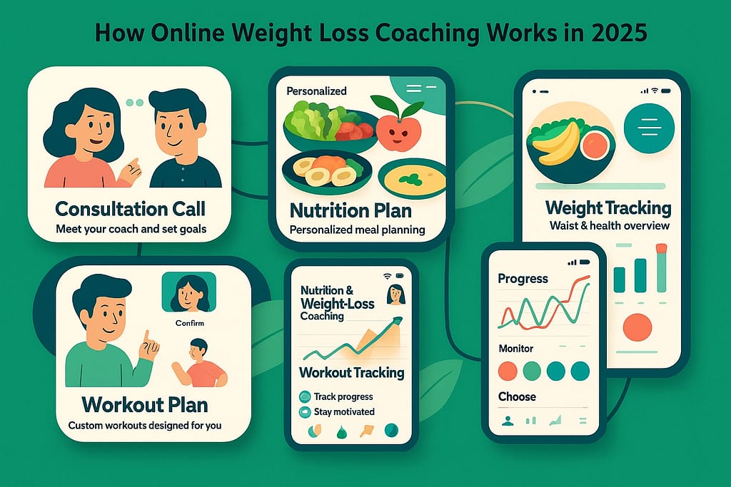 Infographic showing how online weight loss coaching works in 2026 with consultation, nutrition plan, workout tracking, and progress monitoring.