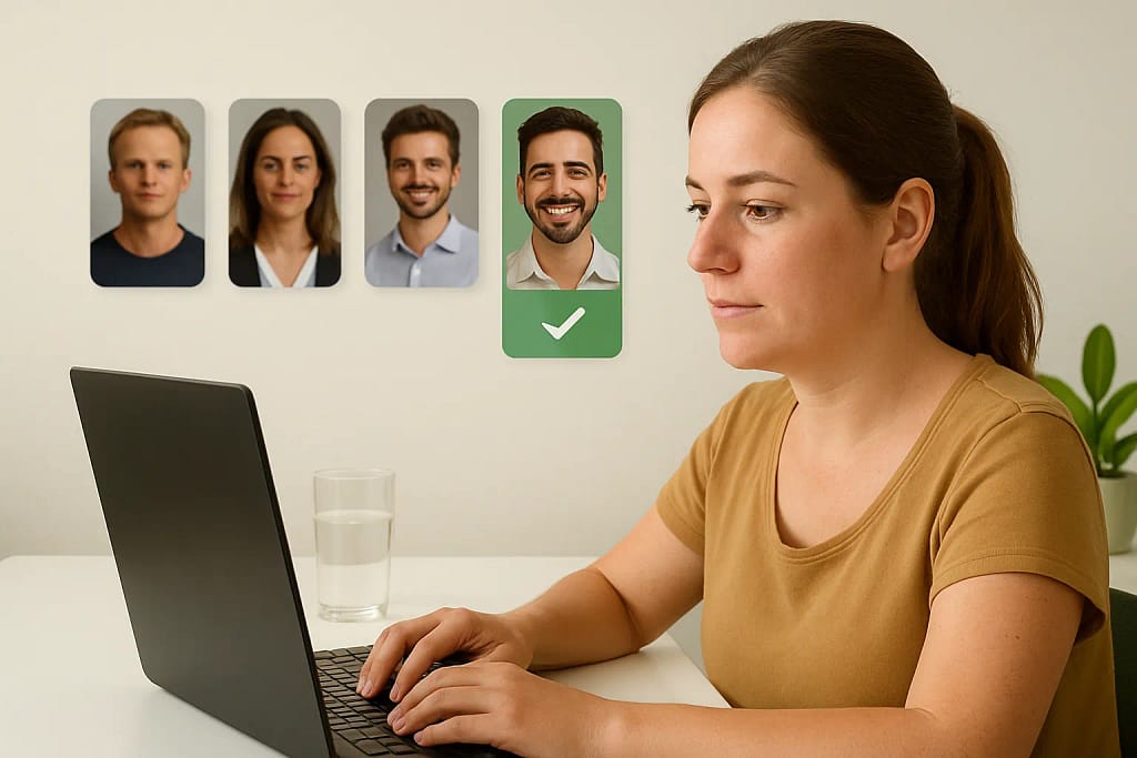 Woman choosing a personal trainer online in Toronto, comparing profiles and cost.