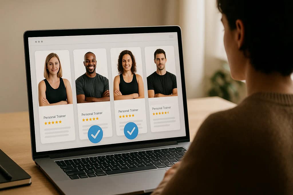 Top Online Personal Training Services in 2025 User comparing online personal training platforms on a laptop with trainer profiles and ratings.