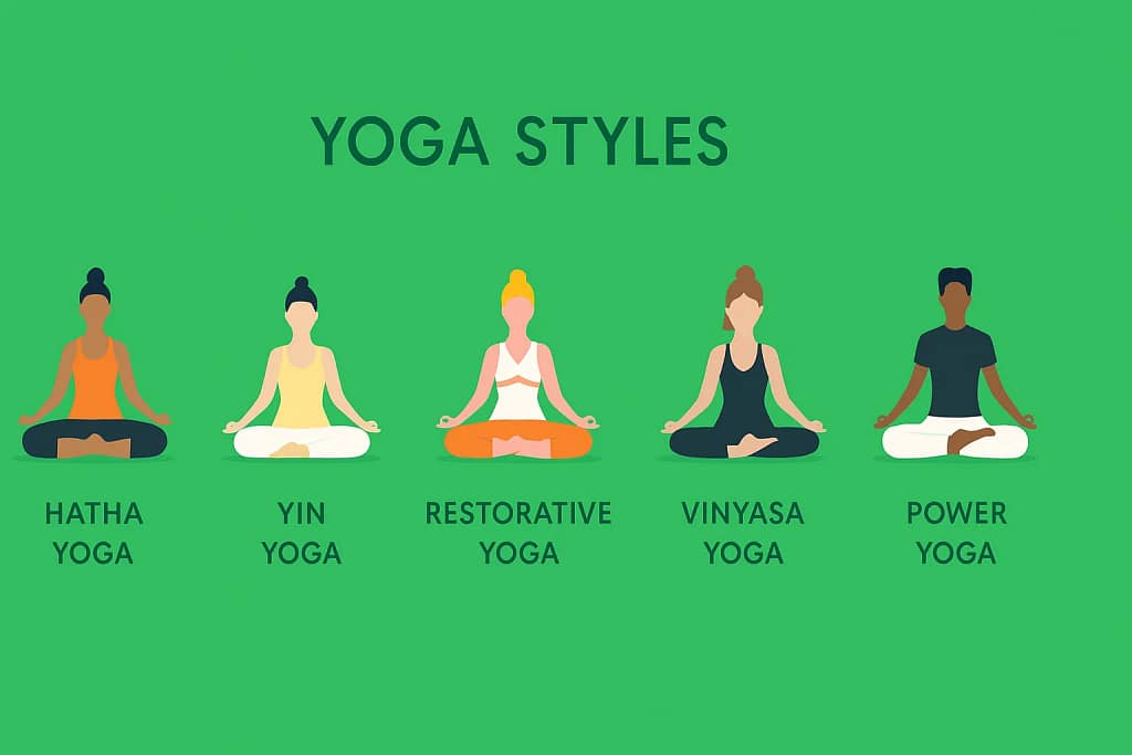 Illustrated chart showing five yoga styles for beginners including Hatha Yoga, Yin Yoga, Restorative Yoga, Vinyasa Yoga, and Power Yoga on a green background.