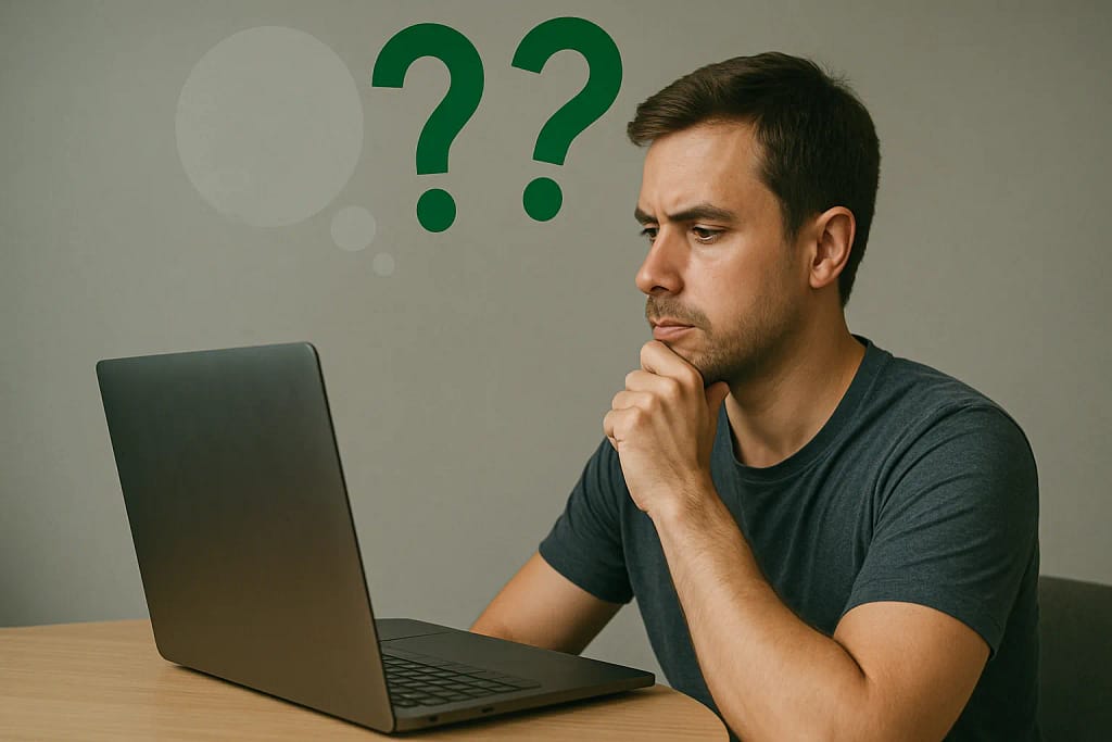 A man hesitating in front of his laptop, wondering how online personal training actually works.