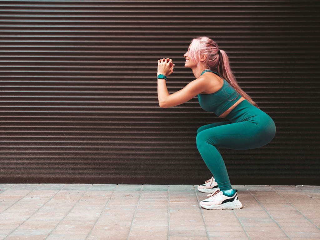 Woman performing a squat to build leg strength and stability.