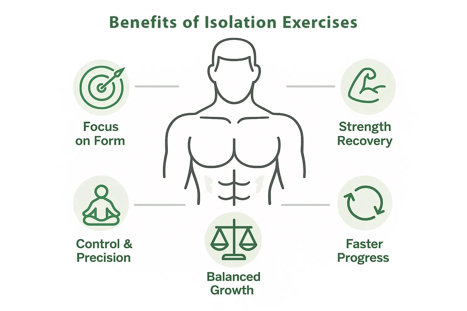 ChatGPT Image Oct 5, 2025, 12_16_01 PM_12_11zon Infographic showing five key benefits of isolation exercises: focus on form, strength recovery, balanced growth, control and precision, and faster progress.